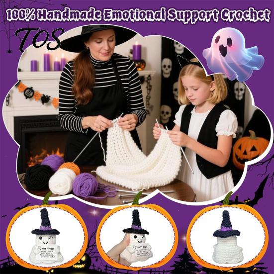 Whimsical Witch Hat Pumpkin Doll Hand Knitted Halloween Ghost Ornament, Crochet Plush with Adorable Holiday Party Favor Encouragement Card,