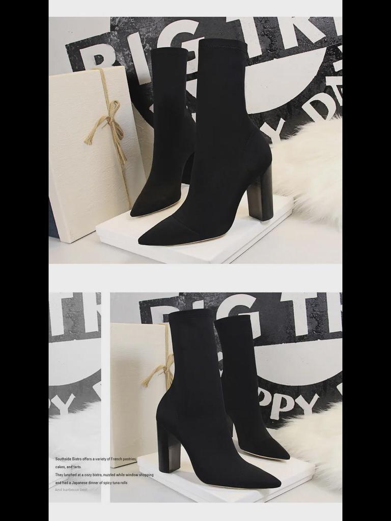 Европейская и американская мода Wood Grain Толстый каблук остроносый лайкра Сексуальные тонкие короткие сапоги