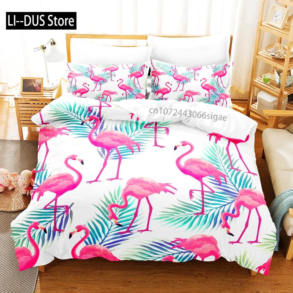 Pink Flamingo Duvet Cover Green Leaves Floral Animal Print Bedding Set For Kids Girls Tropical Pattern Design Bedroom Decor