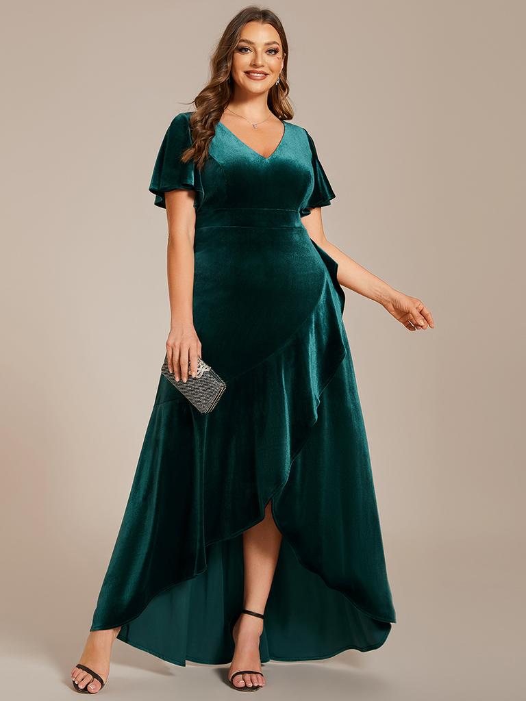 Ever-Pretty Women's Plus Size Velvet Lotus Leaf Ruffles Short Sleeves V Neck High-Low Hem Evening Dress