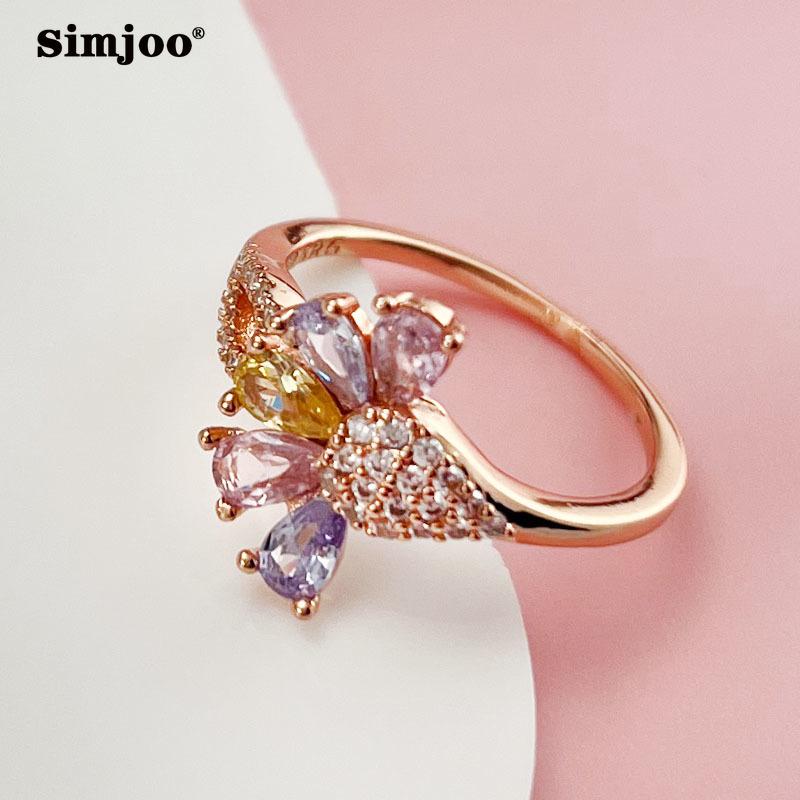 SIMJOO Кольцо из розового золота с женскими простыми лепестками, разноцветное кольцо с цирконом