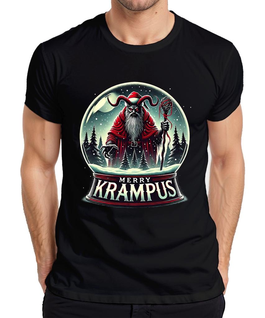 Merry Krampus Snow Globe Horns Red Coat Gloomy Christmas Men's T-Shirt
