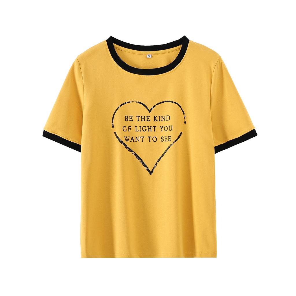 Large size women's clothing contrasting color printing crew neck short-sleeved T-shirt 2026 spring versatile foreign style loose top 224427