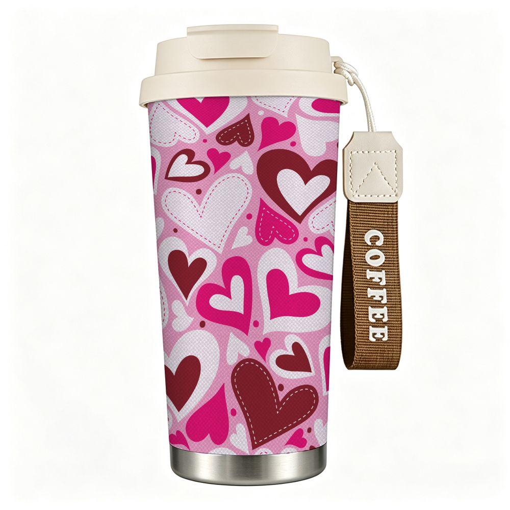 Cute Heart Pattern Stainless Steel Insulated Coffee Tumbler Double Walled Vacuum Travel Mug Reusable Cup for Valentine Anniversary Gift Office