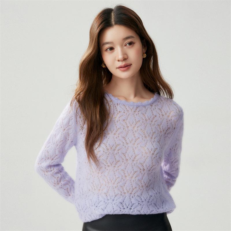 Women's Loose Knit Cashmere Sweater with Hollow Bead Lace and Floral Round Neck
