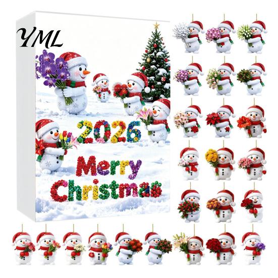 Snowman Hanging Ornaments Advent Calendar, 24Pcs Acrylic 2D Ornament Set Christmas Tree Decorations with Bouquet Flowers, Decor, Holiday Gift for Kids