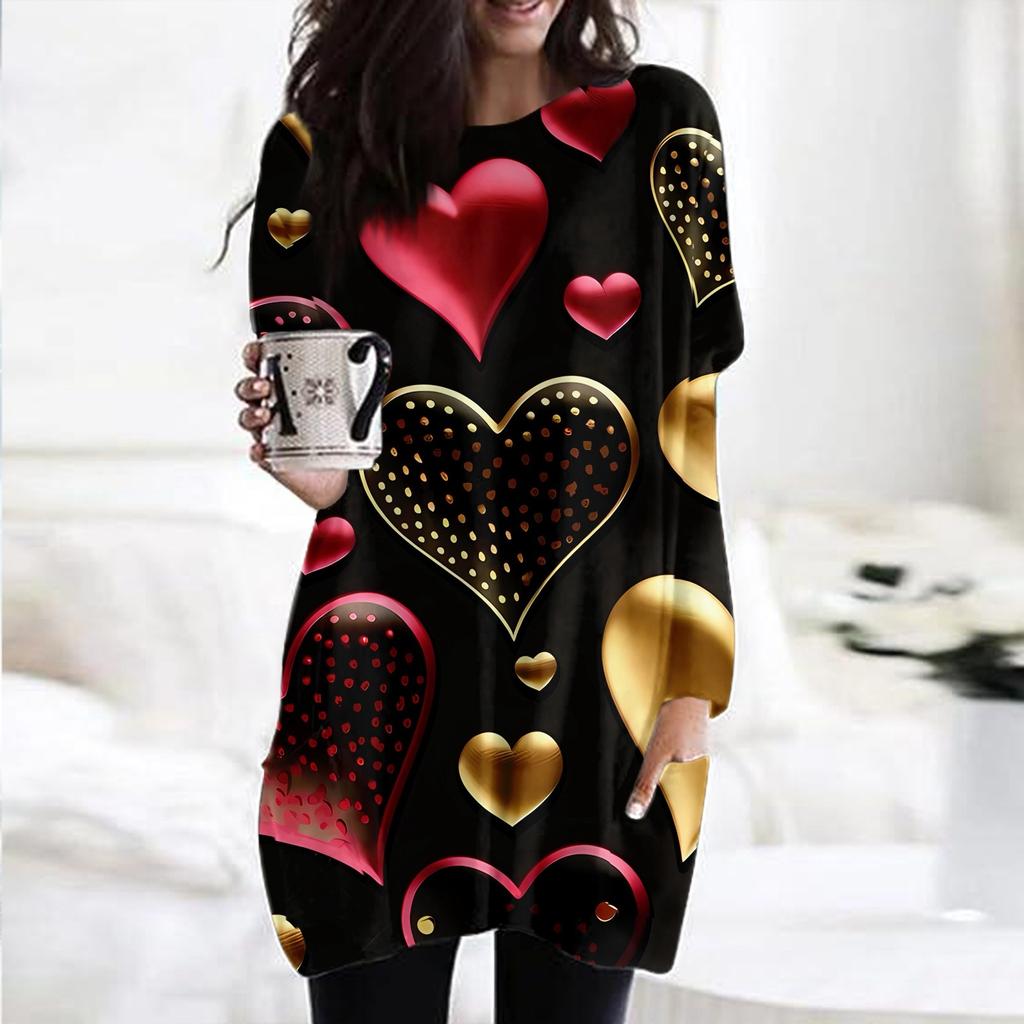 Женский модный повседневный топ с длинным рукавом и круглым вырезом ко Дню святого Валентина с принтом в виде сердца