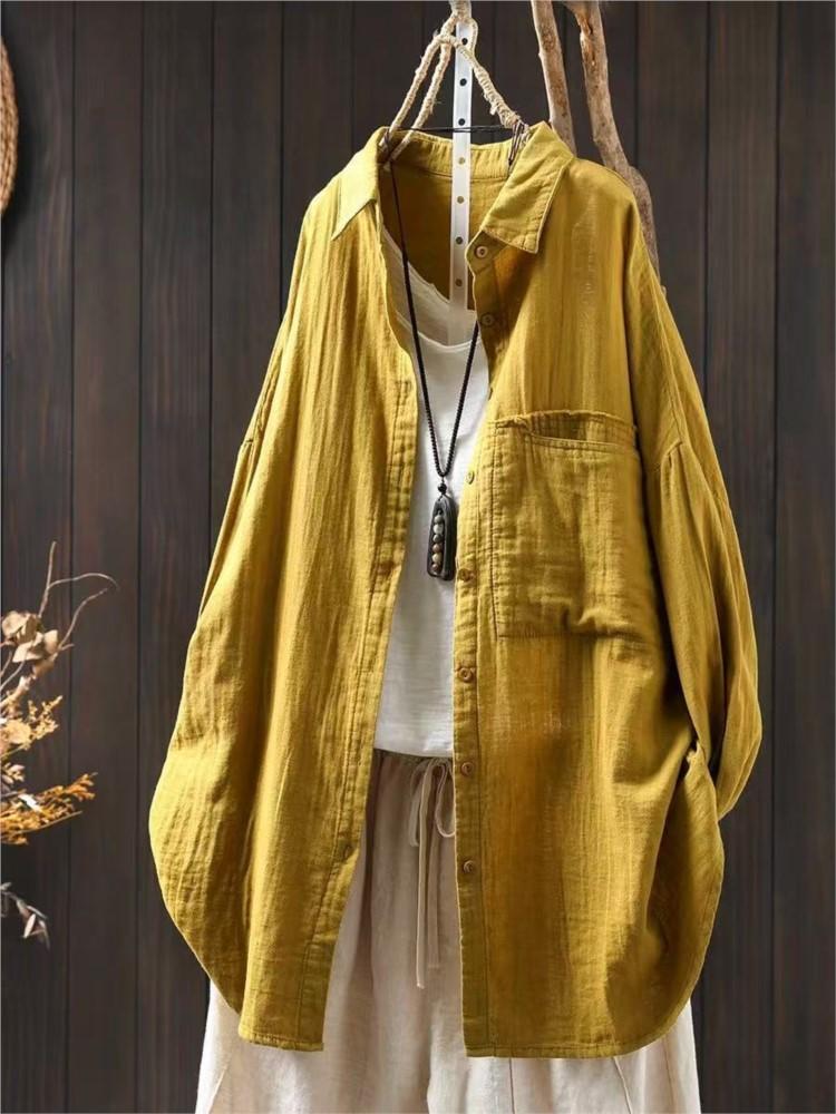 Johnature Женские винтажные рубашки, топы, отложной воротник, длинные рукава, блузки, весенние карманы на пуговицах, мягкие рубашки