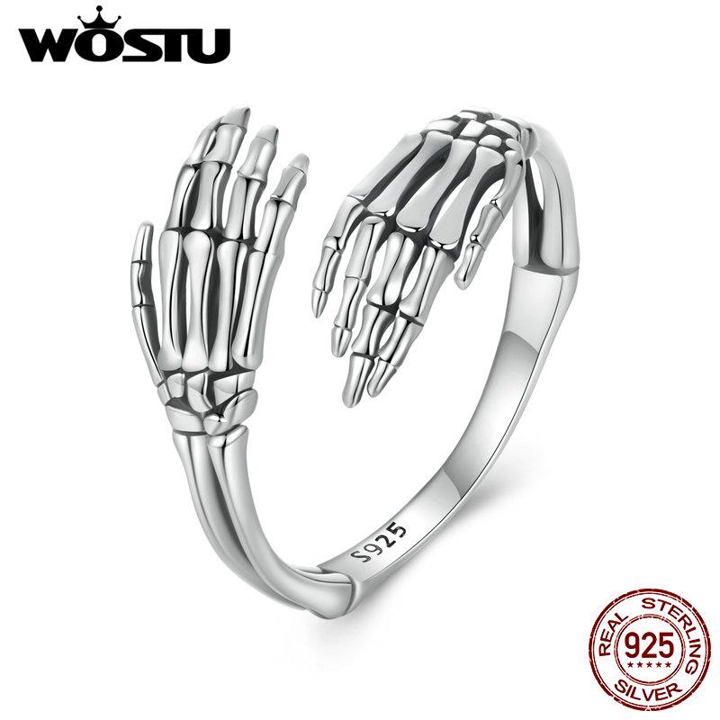 WOSTU Solid Retro 925 Sterling Silver Skull Hand Opening Ring For Women Punk Gift Skeleton Hoop Earrings Halloween Jewelry Set
