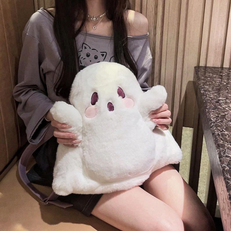 Y2k Cute Ghost Plush Backpack Kawaii Fluffy Crossbody Bag Cartoon Women Messenger Fashion Shoulder Bag Girl Casual Purse Handbag