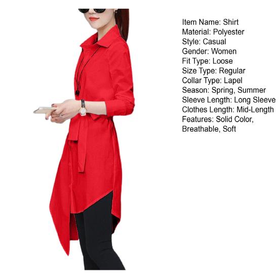 Women Shirt Long Sleeve All Match Loose Commute Mild-length Dressing Up Polyester Irregular Tied Belts Lady Shirt Female Clothing