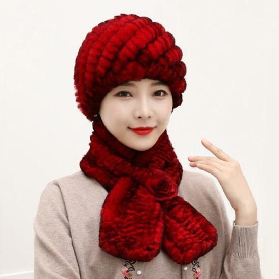 Winter Knitted Natural Fur Hats Scarves Sets Women Warm Real Rex Rabbit Fur Hat Scarf Lady Fashion Thick Rex Rabbit Fur Hat