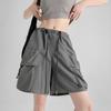 Women Summer Drawstring Big Pocket Breathable Quick-Dry High-Waisted Wide-Leg Cargo Shorts