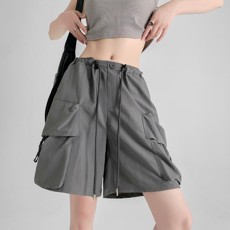 Women Summer Drawstring Big Pocket Breathable Quick-Dry High-Waisted Wide-Leg Cargo Shorts