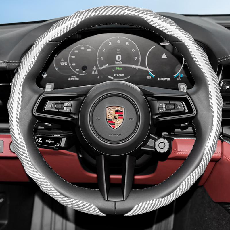 Suitable for Porsche Carbon Fiber Texture Steering Wheel Cover with Snap-On Wave-Shaped Sports Design Protective Shell for Cayenne Taycan Panamera