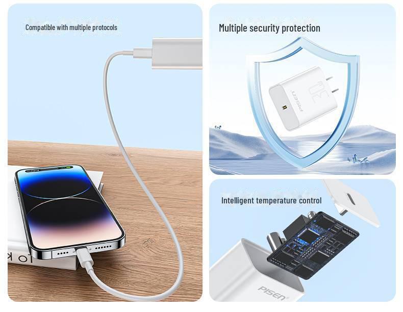 PISEN 30 Вт Быстрое зарядное устройство PD с кабелем Type-C для Apple 15 Pro Max и устройств Android