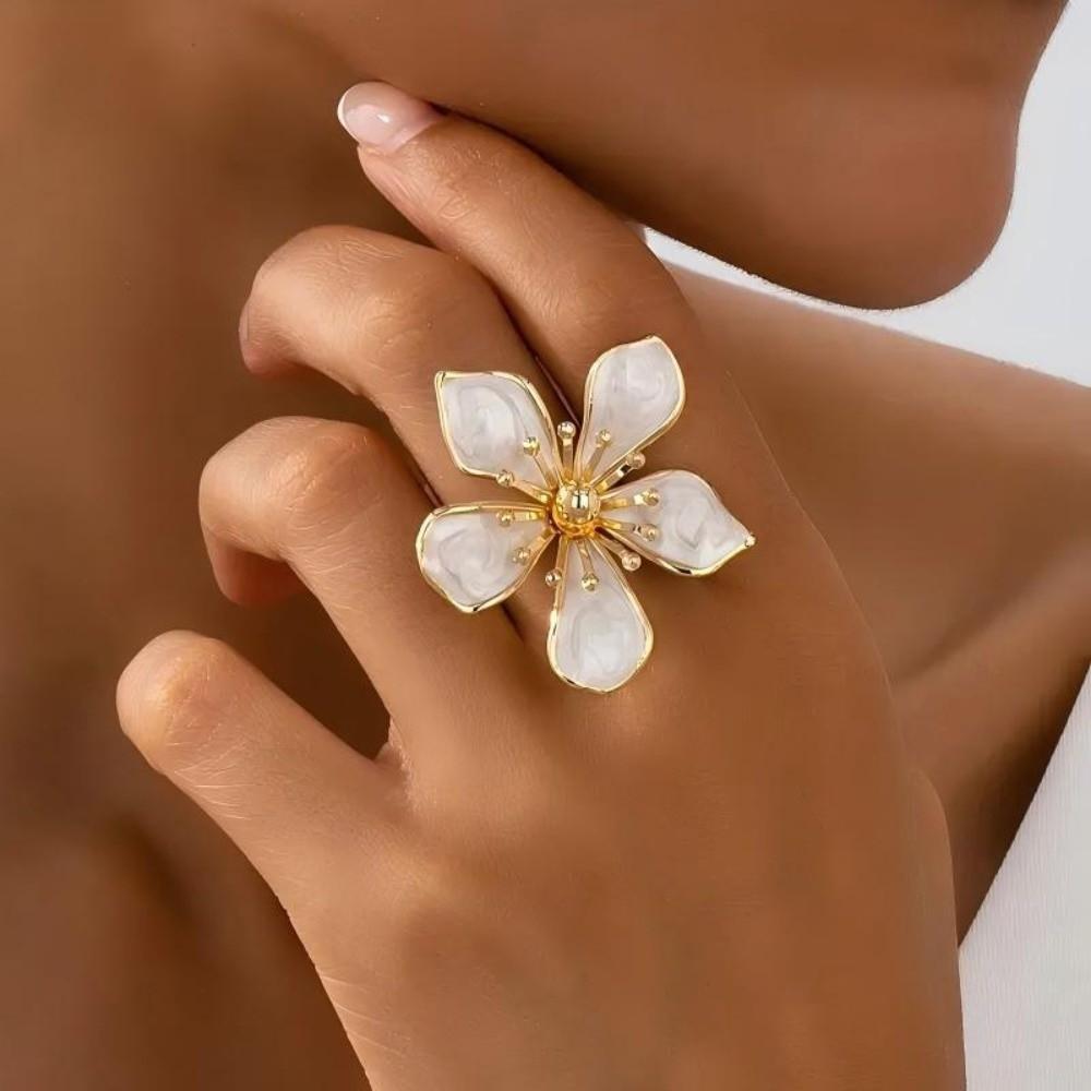 Jewelry Enamel Bride Ring Metal Petal Wide Opening Ring Adjustable Large Flower Ring Holiday Party