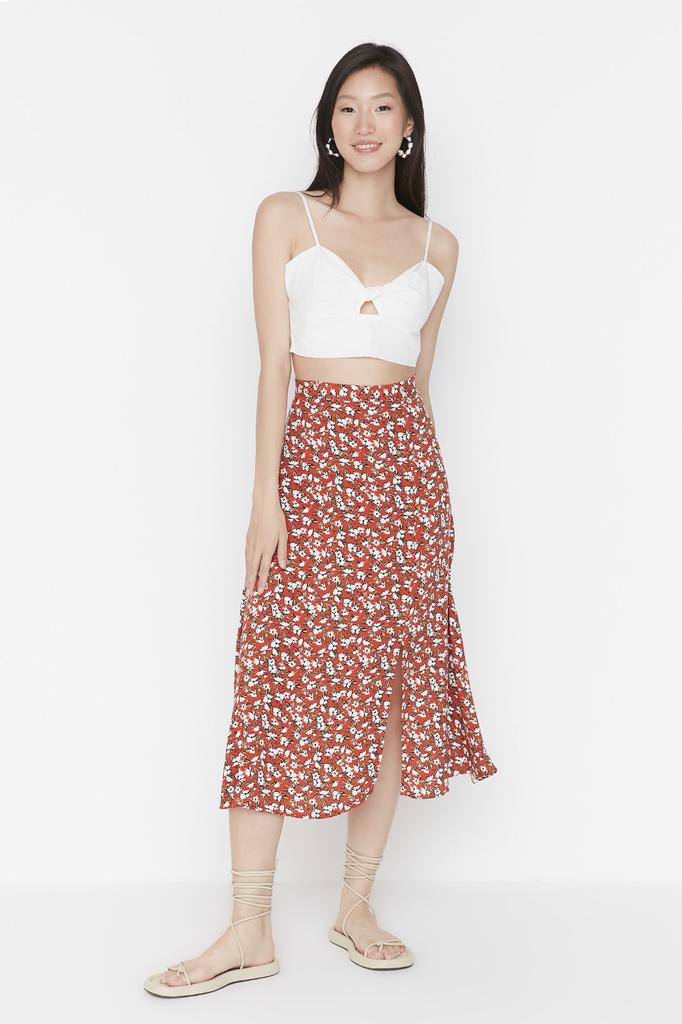 Women's Fashion Purple Printed High Waist Midi Stretchy Knitted Skirt with Gather Detail and Flounce