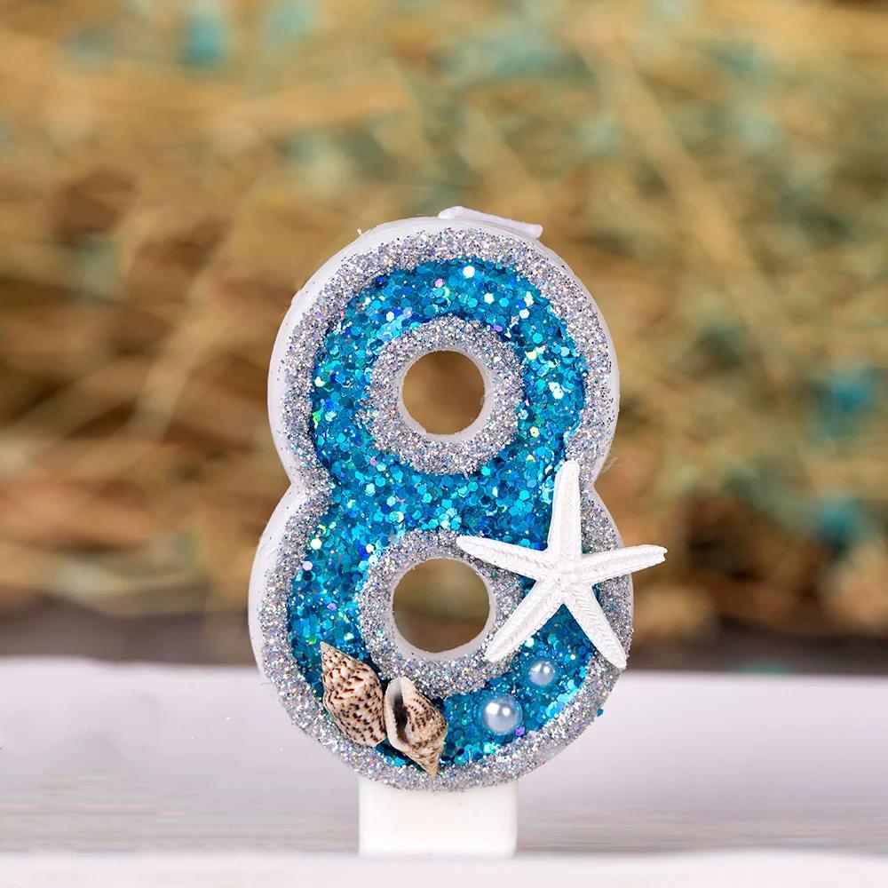Birthday Candle 1 Year Mermaid Birthday Candle for Cake Sparkly Blue Seafish Candle Topper for Party Decorations Supplies 1