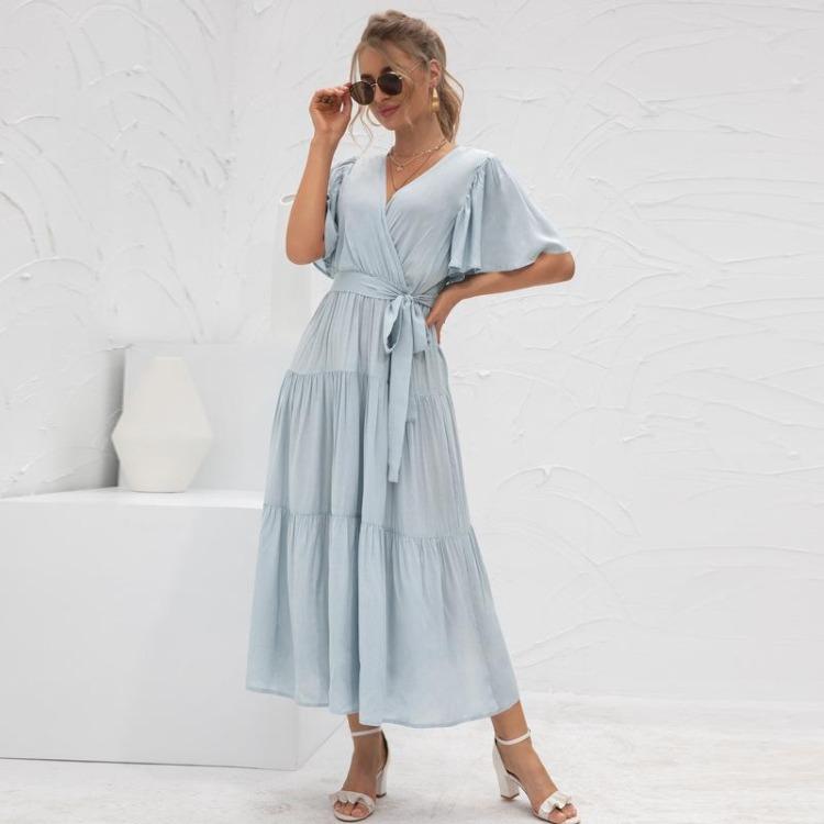 Women Summer Fall Casual Long Dress Solid V-neck Short Butterfly Sleeve Bandage Belt Sizes S-XXL