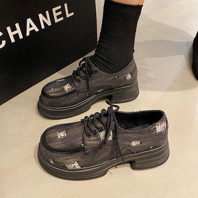 Лоферы на платформе женские 2025 новые осенние туфли на платформе в британском стиле универсальные джинсовые туфли со шнуровкой в стиле ретро