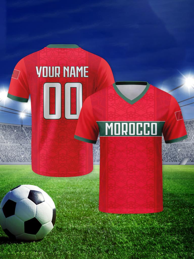 Custom Morocco Football Jersey Personalized Name Number V-neck Soccer Team Shirt for Men Women Kids