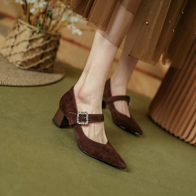 Мода НОВЫЕ Осенне-Весенние Женские Туфли на Каблуке Обувь из Овечьей Замши Обувь с Острым Носком Толстый Каблук Женские Туфли-Лодочки Ретро Пряжка-Ремень Мэри Джейнс