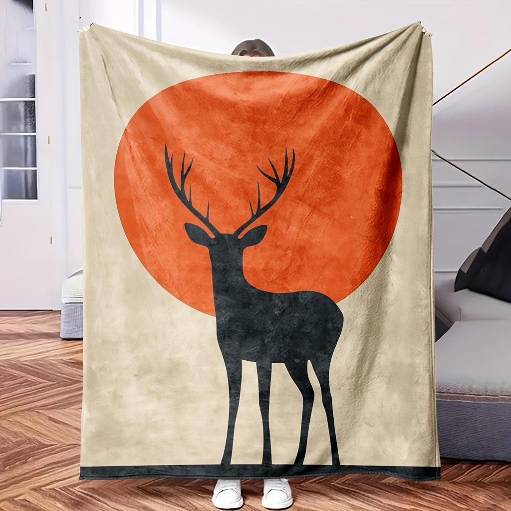 A Deer Standing Before The Red Sun-Themed Blanket - Comfortable Flannel Fabric Hypoallergenic Suitable for All Seasons - Ideal for