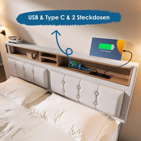 Storage Bed Double with 4 Drawers & Usb C Socket Upholstered 160x200cm Height Adjustable Headboard Slatted Frame Made of Wood (without Mattress)