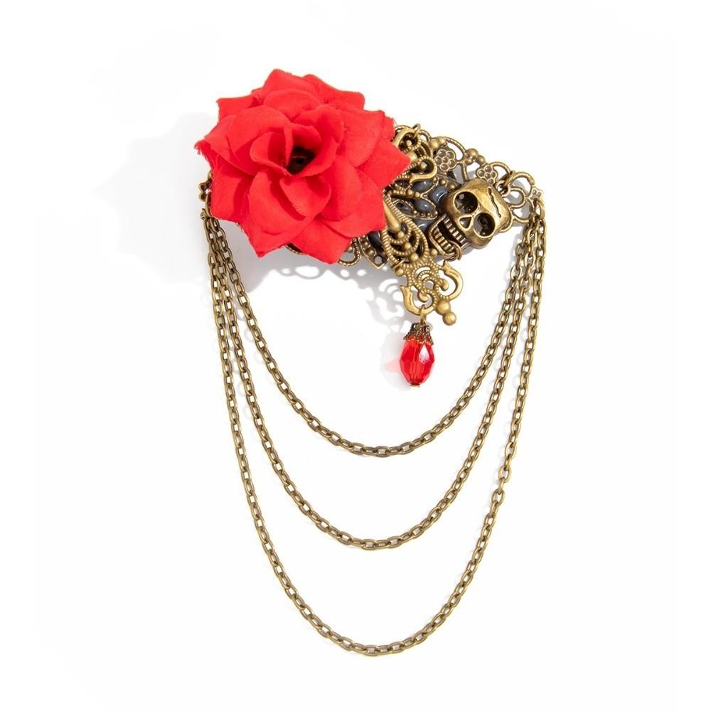 Multi Layer Chain Velvet Rose Brooch Gothic Style Chain Tassel Brooch Lapel Pin For Women
