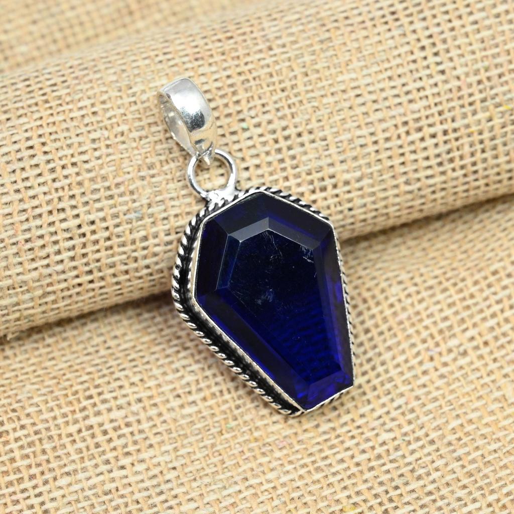 Blue Sapphire Lab-Created Gemstone Solid 925 Sterling Silver Handmade Jewelry Pendant