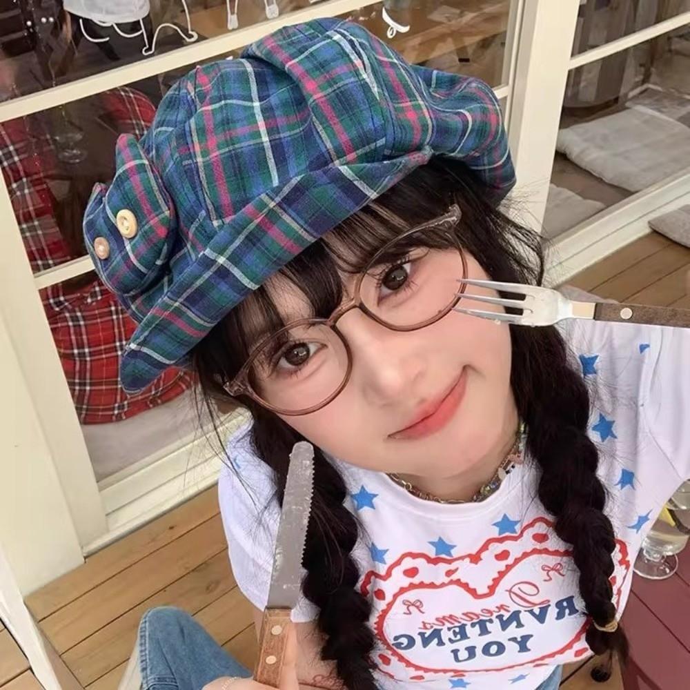 Sun Protection Plaid Cloud Berets Korean Style Octagonal Caps Ins Newsboy Cap  Female