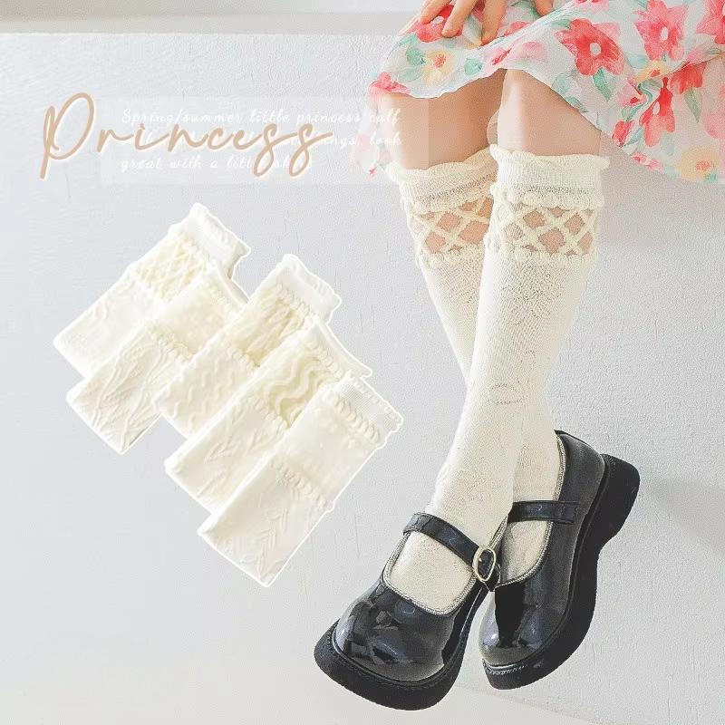Милые японские белые носки принцессы из телячьей шерсти для девочек, бежевые цветочные мягкие хлопковые школьные носки для весны и осени