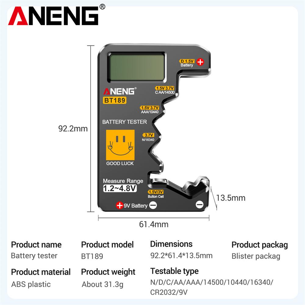ANENG BT189 Battery Tester Easy To Carry Variety of Batteries Tests Tools Digital Display Level 1.2~4.8V Insulating Plastic