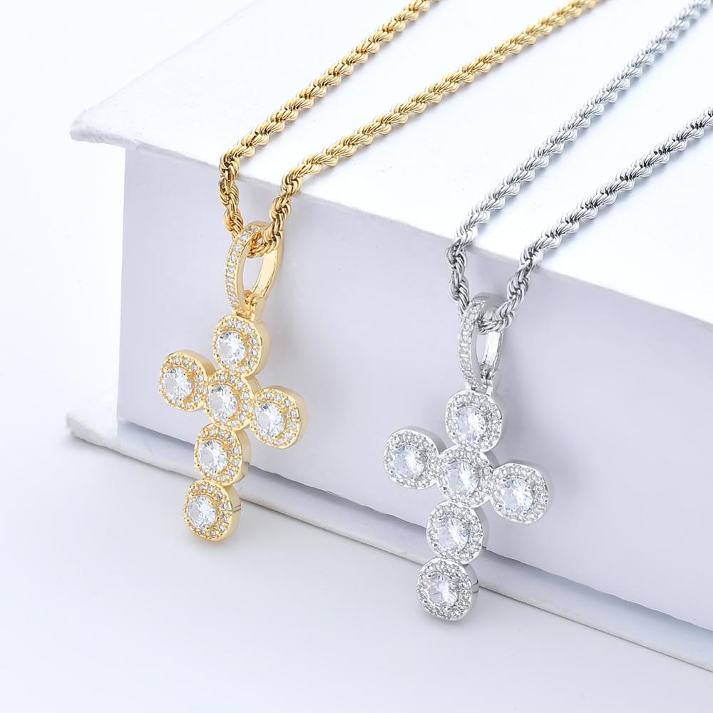 CN077 BLING BLING CZ Cross Pendant Iced Out Gold Plated Rope Chain Necklace Hip Hop Gift Jewelry