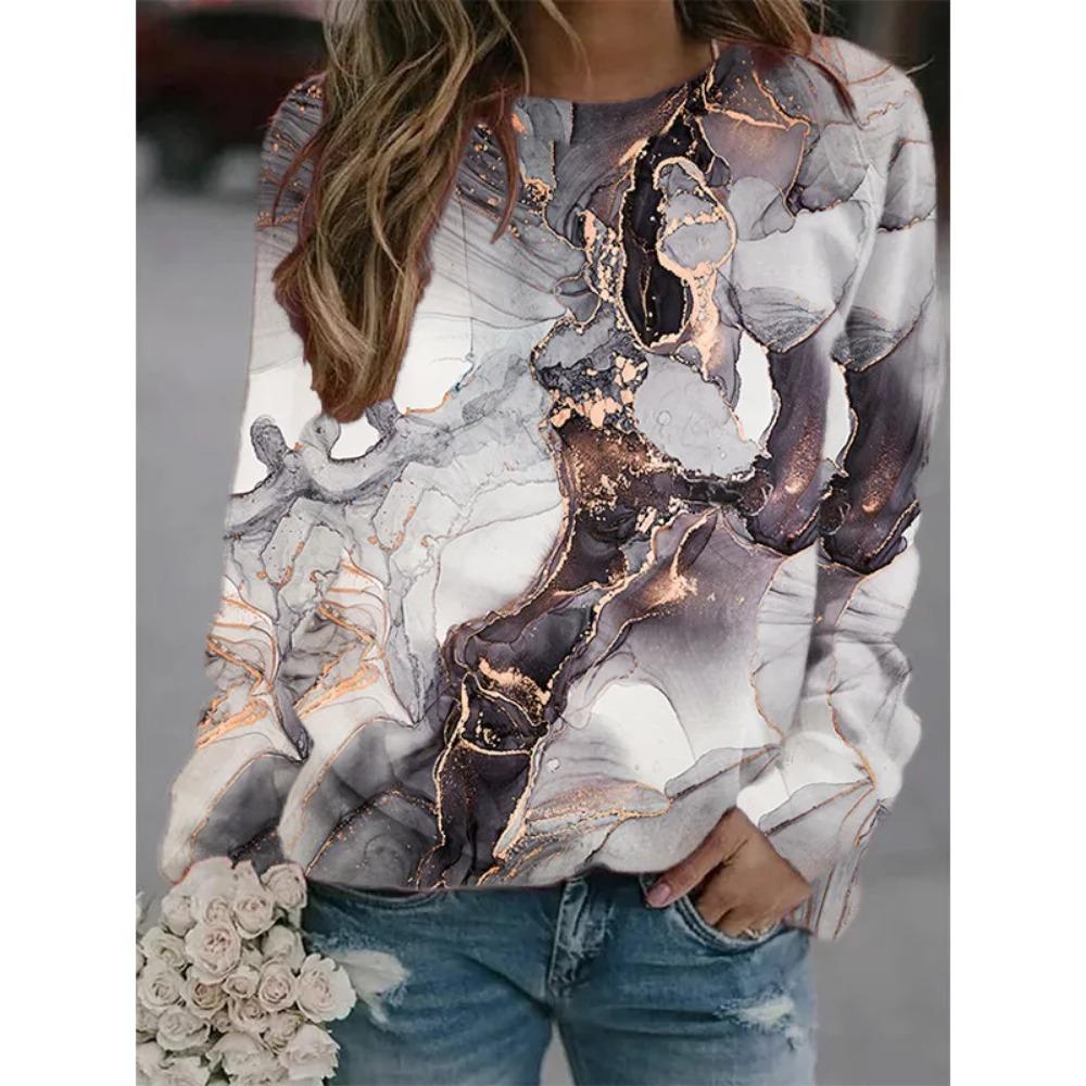 Хит продаж новая женская повседневная футболка с круглым вырезом и длинным рукавом с 3D-принтом под мраморную текстуру