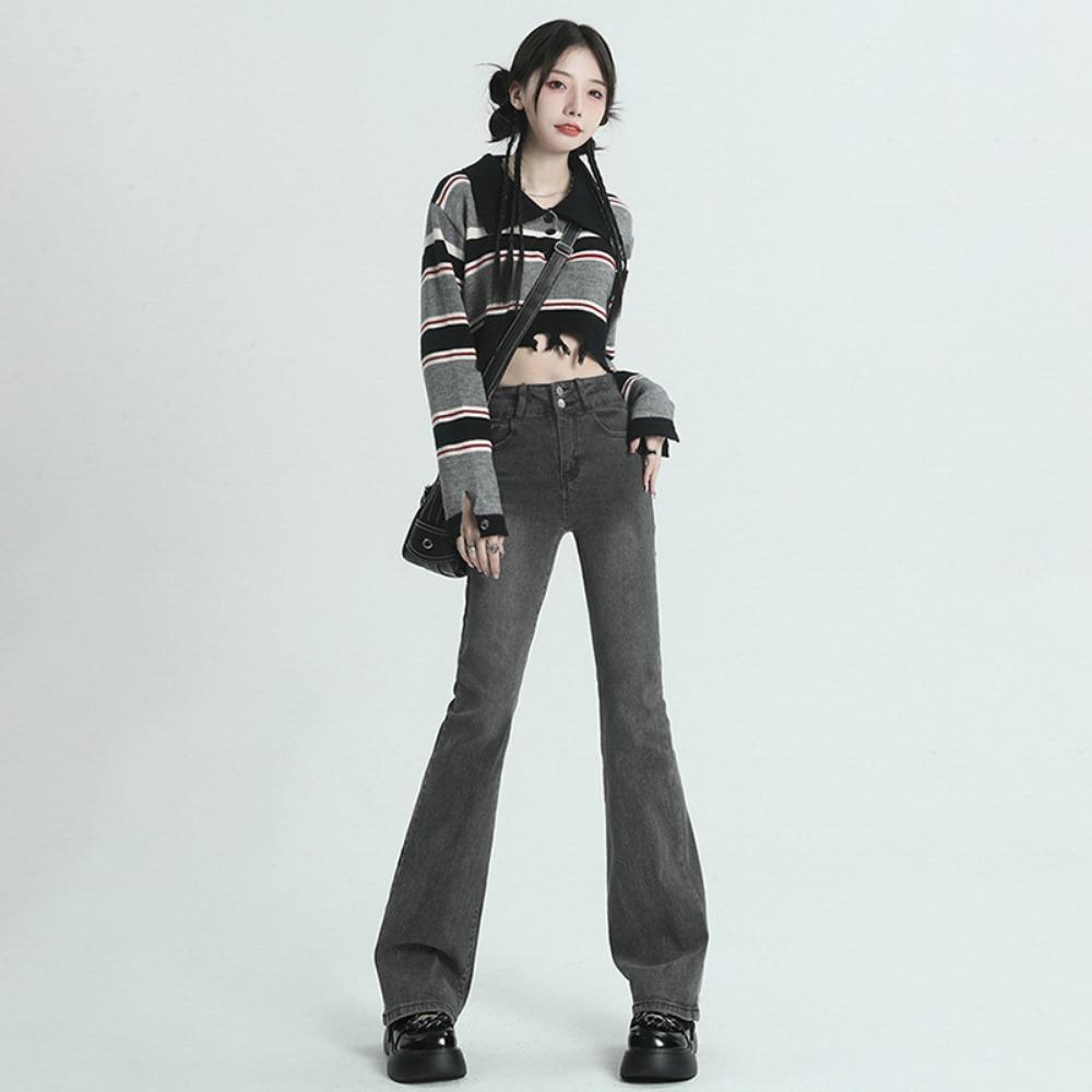 American Retro Micro-flared Jeans for Women's Winter High Waist and Thin Elastic Babes, Small Mopping Horseshoe Pants