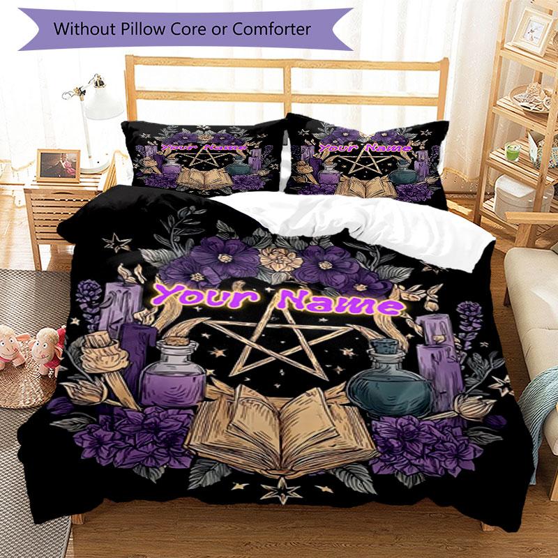 3PC Custom Name Witchcraft Spell Book Bedding Set Duvet Cover Closure Includes 1 Duvet Cover & 2 Pillowcases for Bedroom