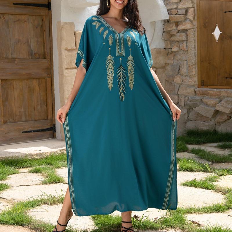 Женская мода лето весна перо принт рукава 1/2 V-образный вырез свободная талия повседневные платья