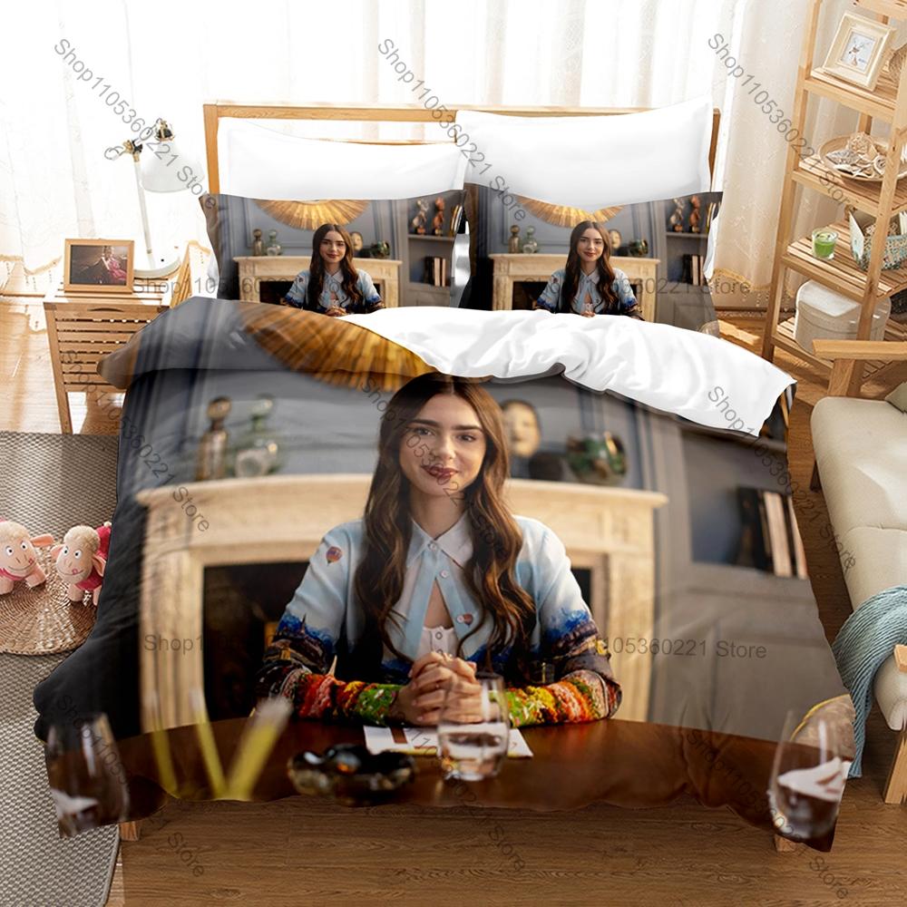 Popular Romantic French Drama Emily In Paris Full Printed 3PCS Bedding Duvet Cover + 2 Pillowcases Teen Dorm Home Decoration