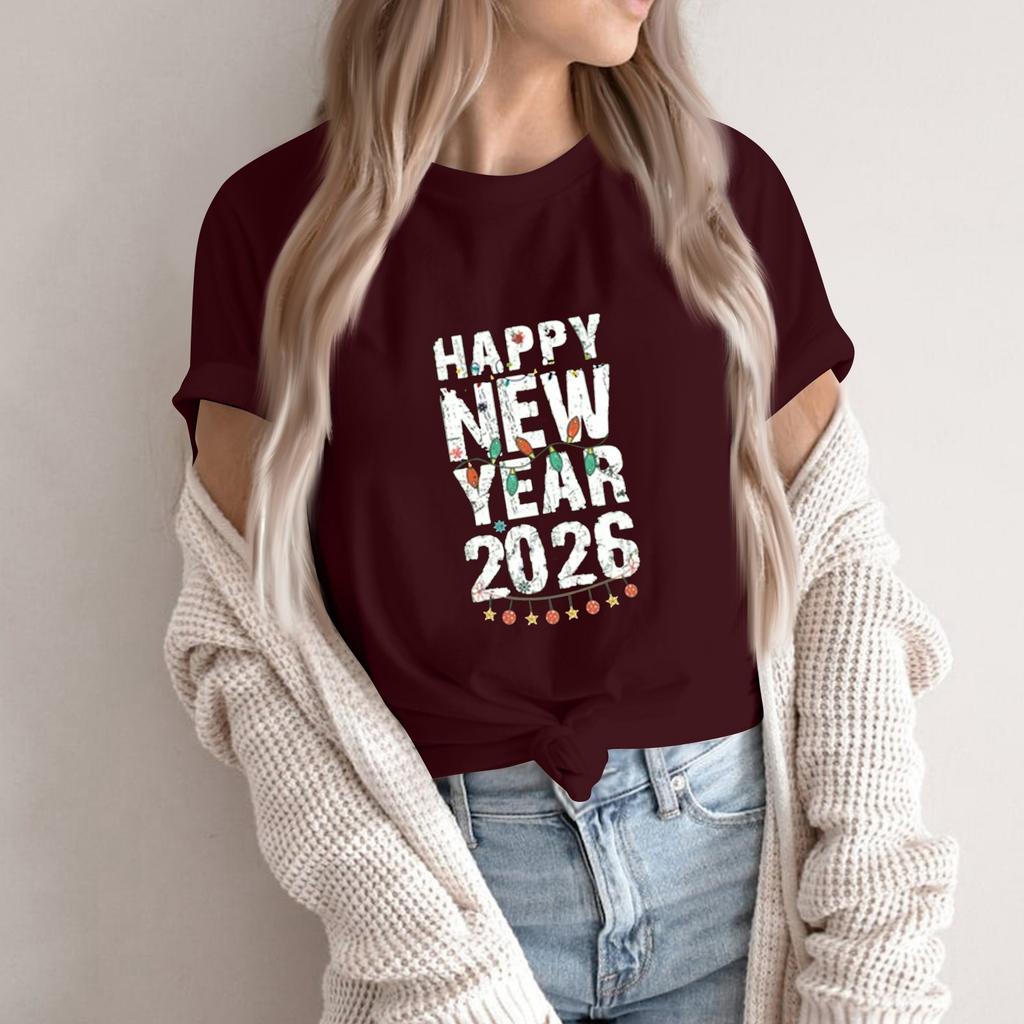 Women's Fashion 2026 New Year Printed Round Neck Short Sleeve Top