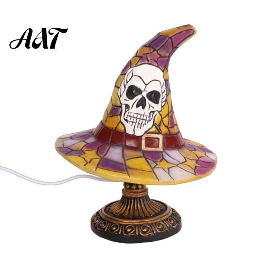 Cozy Ambient Lighting Stained Glass Halloween Pumpkin Table Lamp, USB Powered Resin Night Light with Vintage Style Shelf Ornaments Warm Glow,