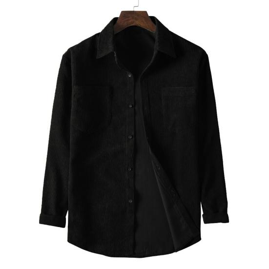Men Corduroy Shirt Turn-down Collar Single-breasted Solid Color Loose Cardigan Retro Style Mid Length with Chest Pockets Top for Daily Wear Commuting