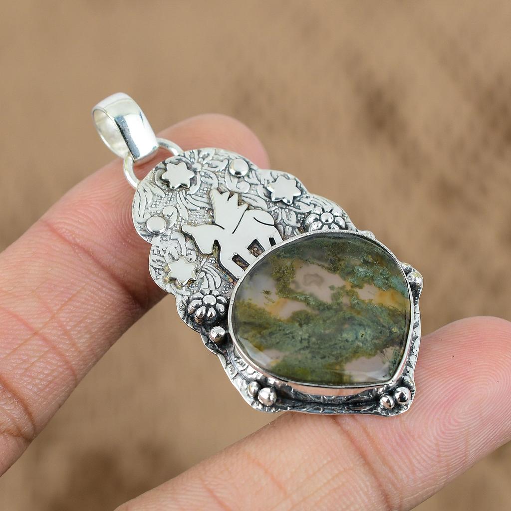 Natural Solar Moss Agate Gemstone Pendant Unicorn 925 Sterling Silver Jewelry
