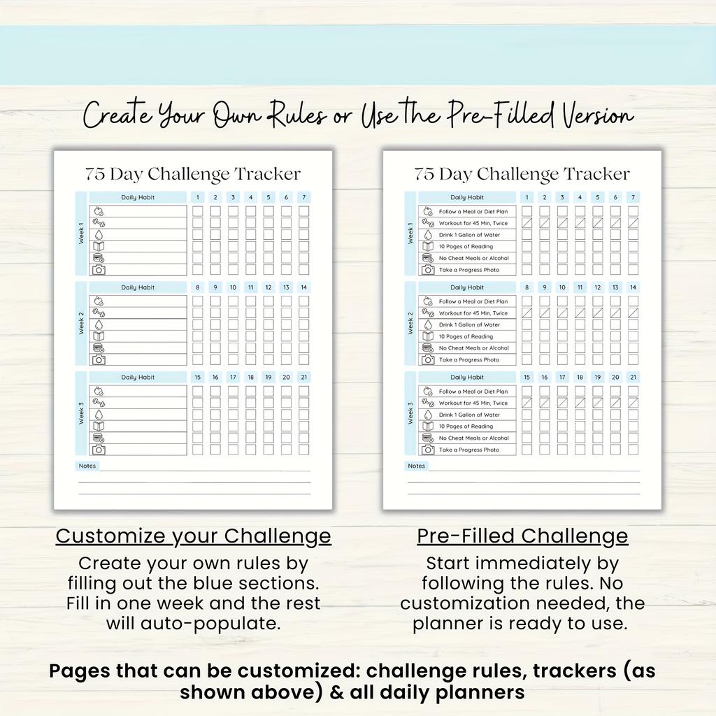 Планировщик фитнес-соревнований на 75 дней - спиральный журнал с ежедневными/еженедельными трекерами, трекер тренировок и привычек, мотивационный блокнот успеха