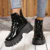 Модные ботильоны на массивной платформе для женщин, модные ботильоны на толстой подошве, нескользящие, в стиле милитари, женские, из черной лакированной кожи, панк, боты женские