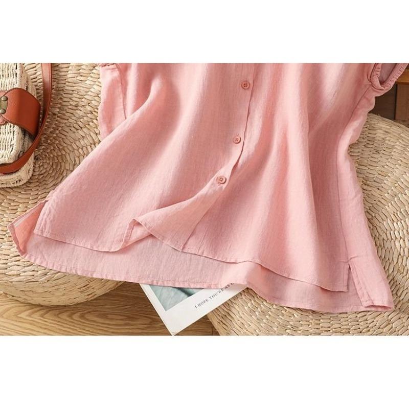 Women Solid Color Ruffle Linen Cotton Shirt Casual Cap Sleeve Breathable Summer Blouse