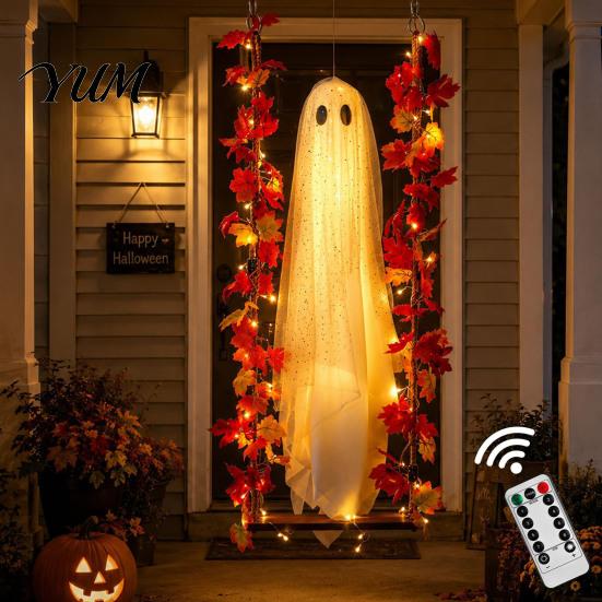 Decorative Festival Ghost Items Light Up Hanging Swinging Halloween Decoration with Remote Control, Large White Spooky Outdoor Yard Decor Ornament