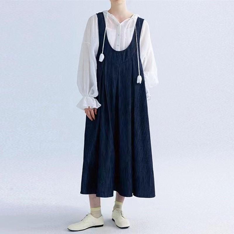 Johnature Japanese Denim Strap Dresses Autumn Loose Casual Lace Layered Sleeveless Casual Vest Dresses