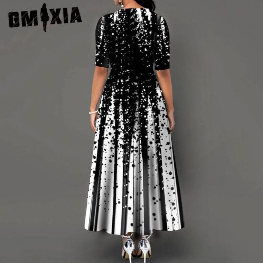 GMXIA Повседневное женское платье-пуловер со средней талией и круглым вырезом, платье с принтом и большим подолом, платье с коротким рукавом и длиной до щиколотки, женские платья